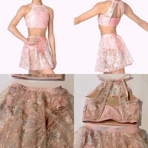 Solo glamorous dance costume leotard 2 piece pink embroidered lace rhinestone LC